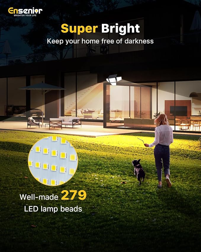 Ensenior Solar Lights Outdoor, IP65 Waterproof Motion Sensor Outdoor Light with Remote Control, 279 LED 4 Heads Solar Security Light with 4 Mode, 270° Wide Angle Solar Flood Light for Outside, 4 Packs