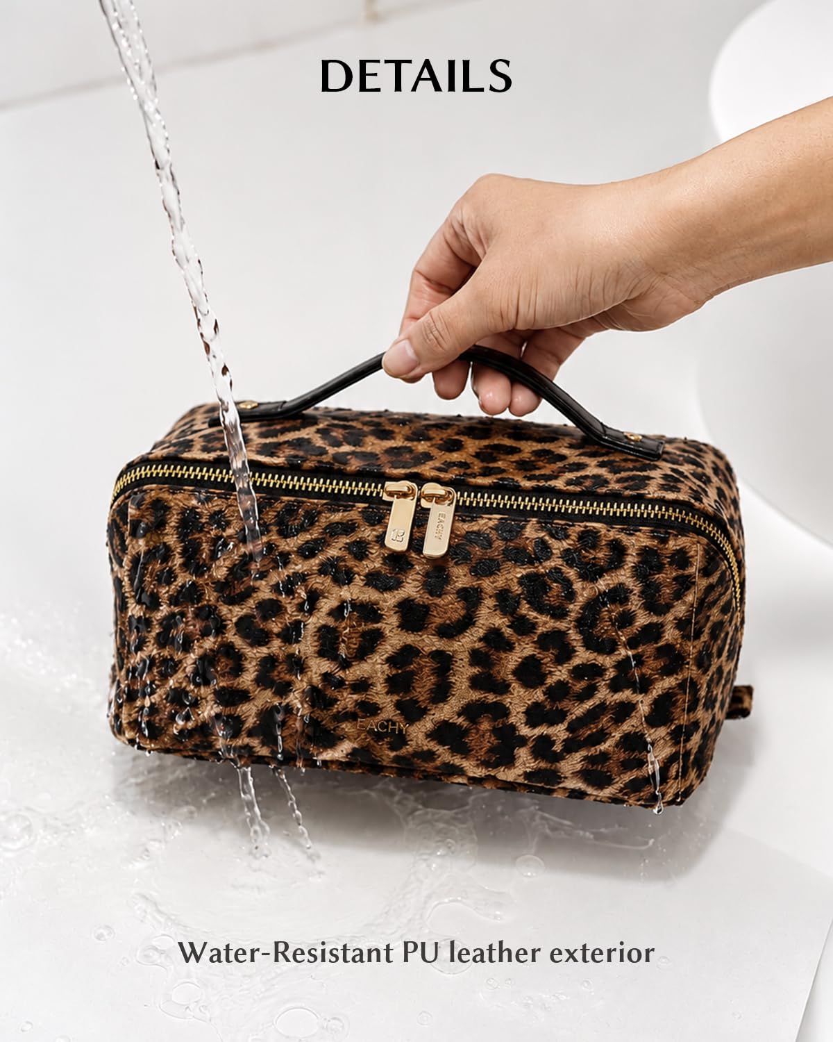 EACHY Travel Makeup Bag for Women, Large Leopard Print Cosmetic Bag with Upgraded Sturdy Zippers, Waterproof Leather Toiletry Organizer Pouch for Skincare Accessories