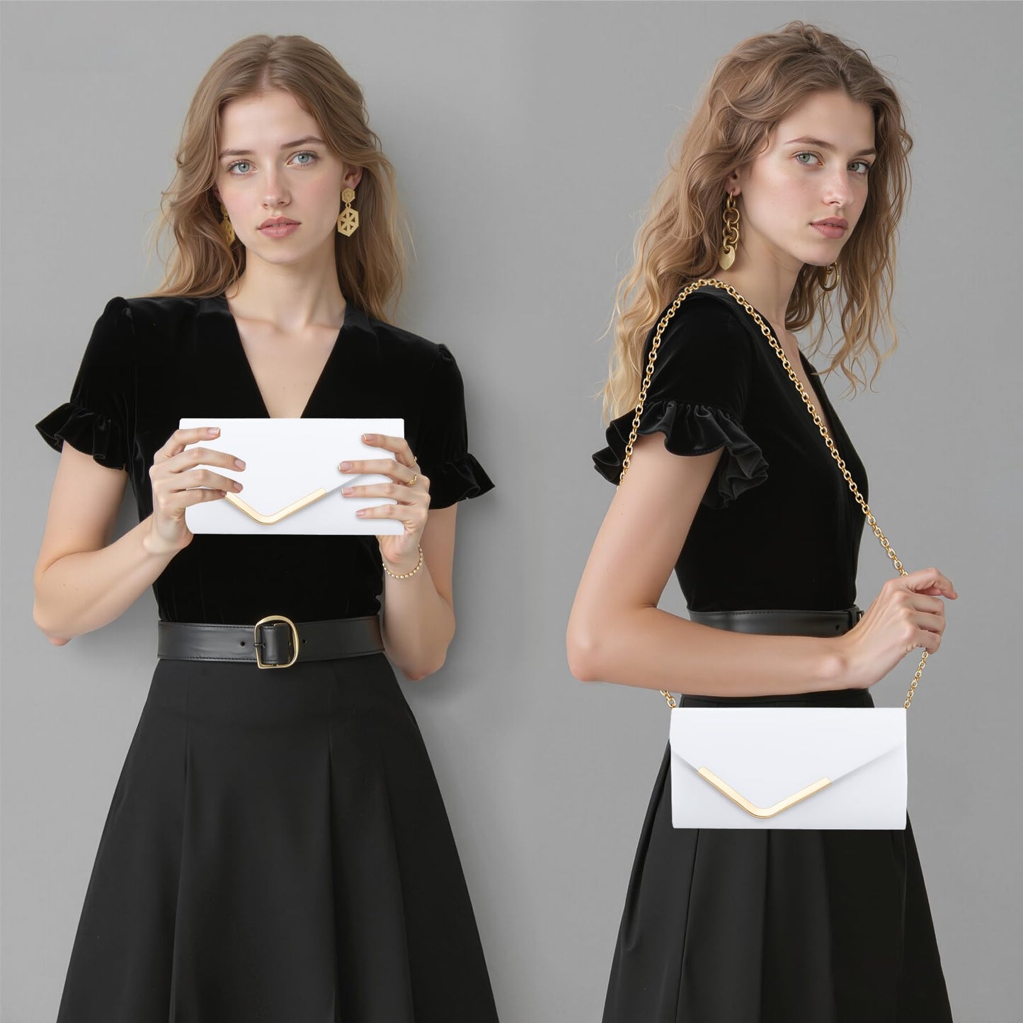 Larcenciel White Clutch Purses for Women, Trendy Leather Evening Bag w/Chain, Fashion Envelope Lady Shoulder Crossbody Handbags, Sparkly Party Prom Purse Bride Wedding Guest Clutch Dress Carry on Bags
