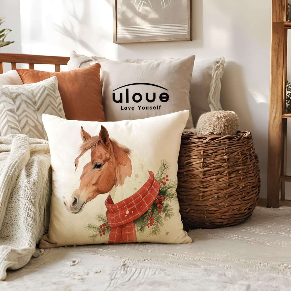 2Pack Christmas Horse Throw Pillowcases with Red Scarf Holly Berries Cushion Cover Winter Holiday Rustic Farmhouse Decorative Pillow Covers 18 x 18 Inches for Seasonal Sofa Couch Porch(Red)