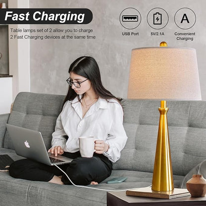 Oneach 25.75" 3-Way Dimmable Touch Control Modern USB Table Lamp Set of 2 for Living Room Bed Room Bedside Nightstand Lamps Fabric Shade Vintage Accent Light Gold Antique Brass