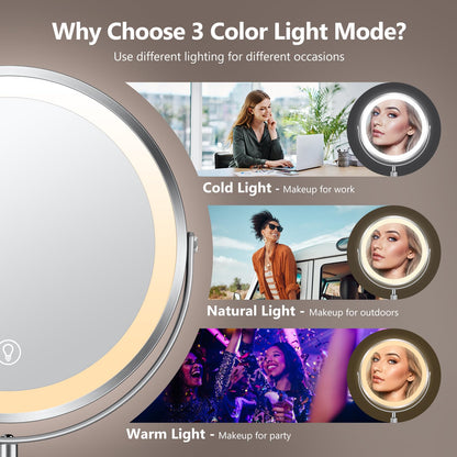Lighted Makeup Mirror, Rechargeable Height Adjustable Double Sided, 1x/10x Magnifying with 3 Color, Brightness Adjustable, 360° Rotation Vanity, Gift for Women