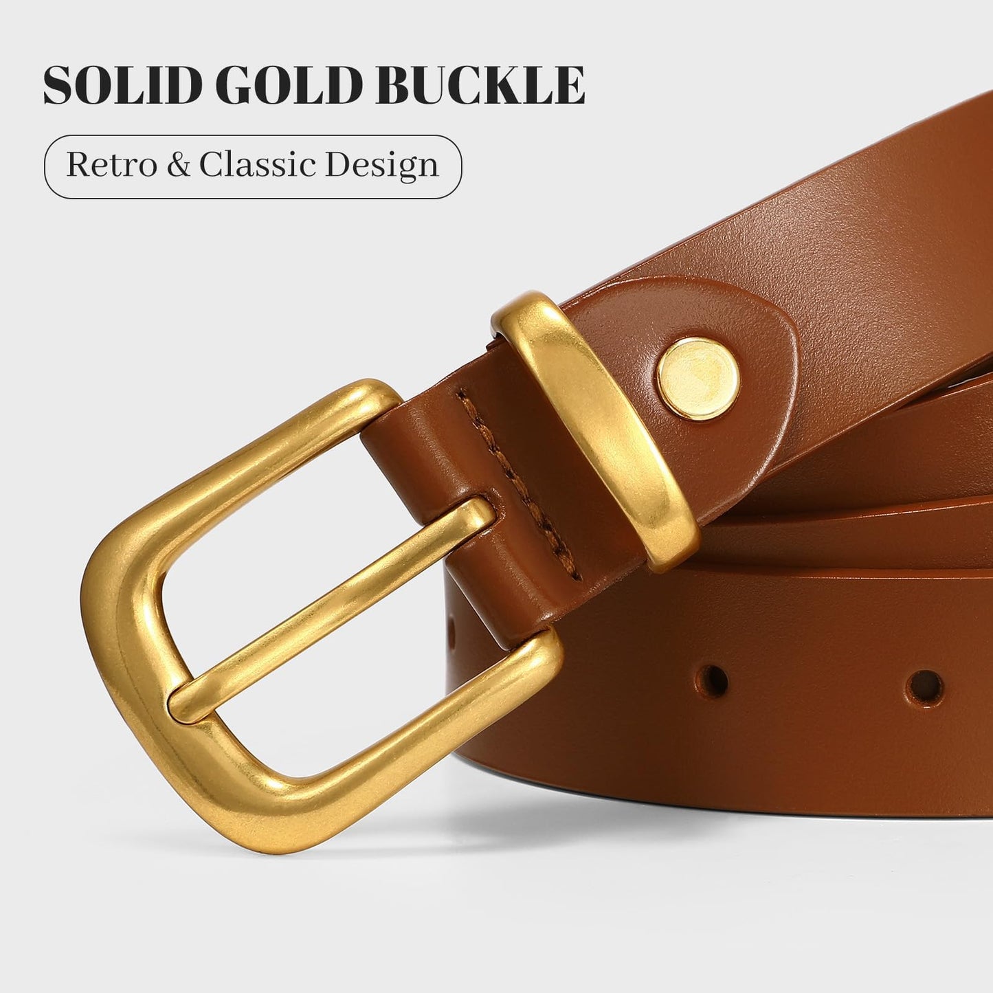 WHIPPY Womens Genuine Leather Belts for Jeans Pants Fashion Vintage Ladies Leather Belt with Gold Buckle, Cognac, S