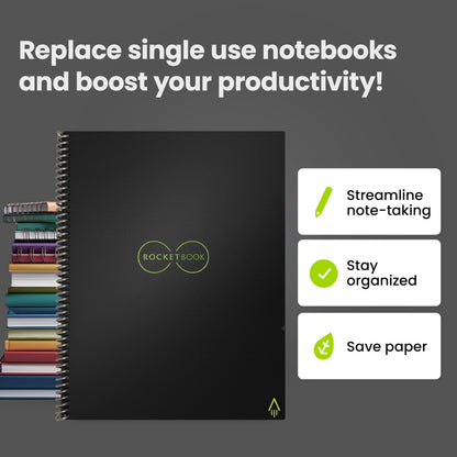 Rocketbook Core Reusable Spiral Notebook, Letter Size 8.5x11, Black - Lined Pages, App-Connected, Erasable, Durable Cover, Ideal for School, Work, and Creative Projects