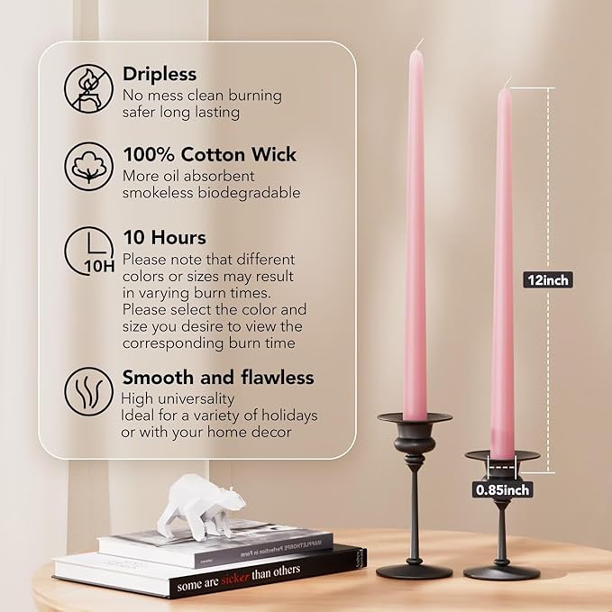 12-Inch Tall Dripless Taper Candles Set of 4 - Pink Tapered Candles, Perfect for Spring - Smokeless, Unscented, Long Burning - Hand Poured, Colored Tall Candlesticks - Light Pink