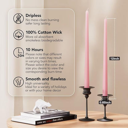 12-Inch Tall Dripless Taper Candles Set of 4 - Pink Tapered Candles, Perfect for Spring - Smokeless, Unscented, Long Burning - Hand Poured, Colored Tall Candlesticks - Light Pink