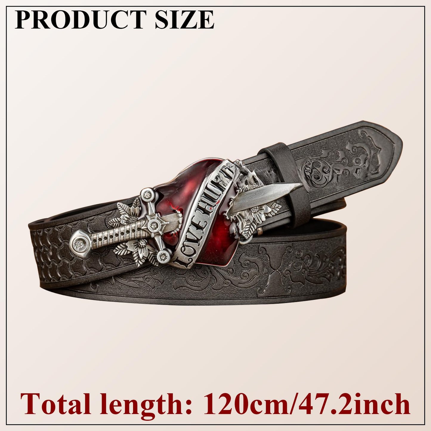 FAYZSOWSR Antique Belt, Western Cowboy PU Leather Belts with Heart and Sword Carved Buckle Retro Embossed Belt for Jeans (Black)
