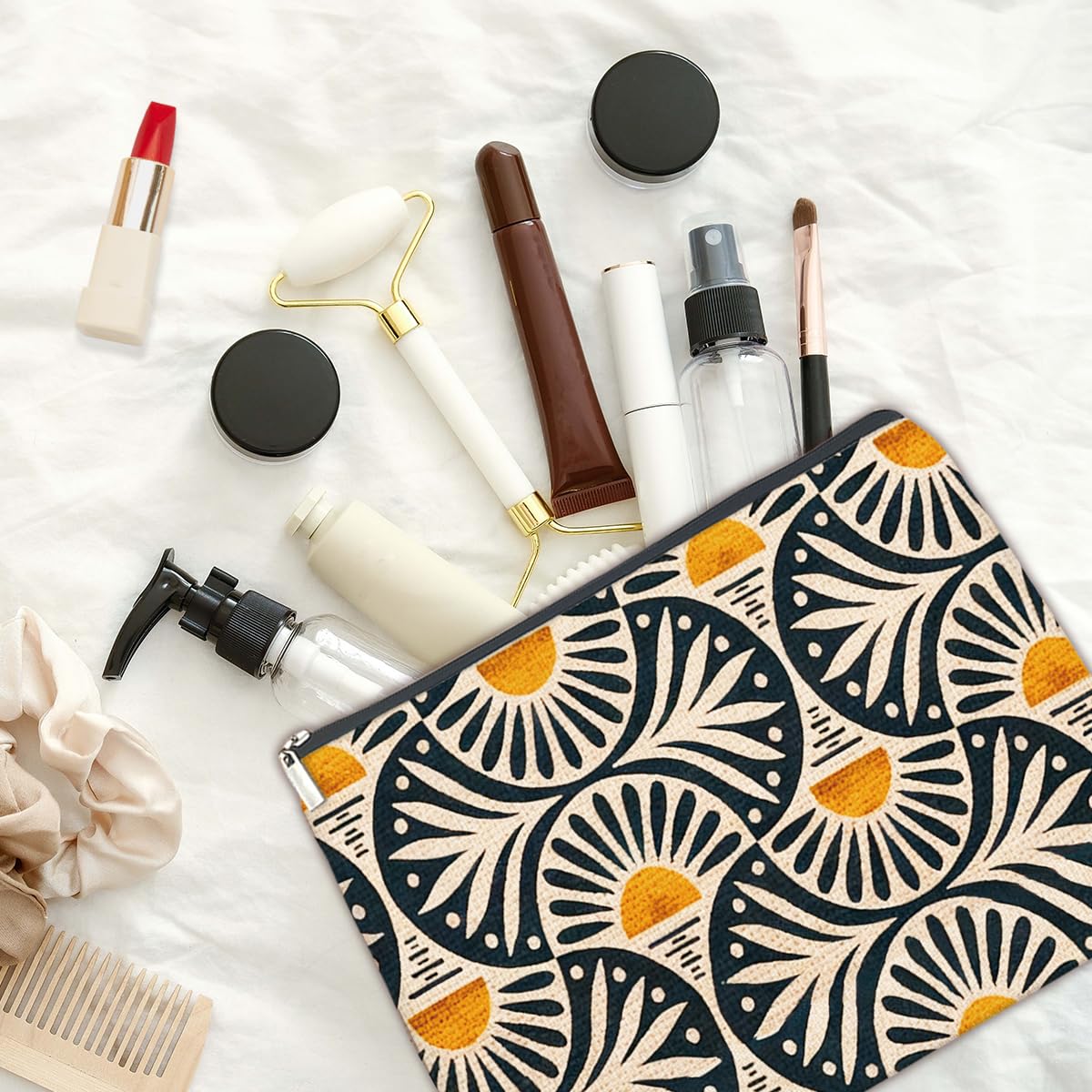 jyunsoeng Boho Cosmetic Bag Sunset Leaf Aesthetic Zipper Makeup Pouch Small Makeup Bag (1Pcs)