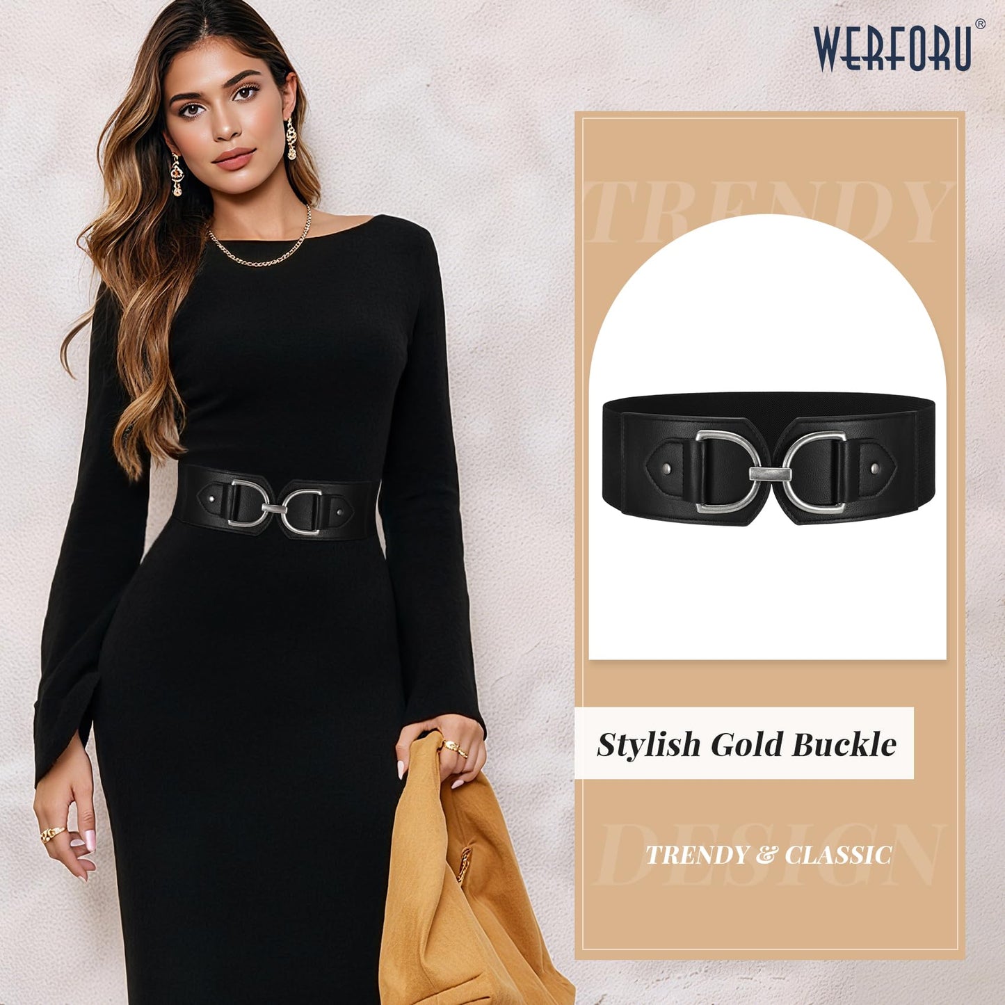 WERFORU Women Elastic Wide Waist Belts for Dresses Fashion Wide Stretchy Belts for Women Big Gold Buckle Thick Dress Belt, Black-silver buckle, M: Fit Waist Size 32"-35"