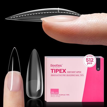 Beetles Tipex Gel Nail Kit, Medium Almond Nail Tips 224 Pcs 16 Sizes Pre-Building Pre-Etched Thick Acrylic Tips with Tipex Glue, Mini Lamp