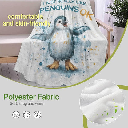 Cute Penguin Lightweight Throw Blanket, Watercolor Cartoon Animal with Splash Ink, Warm Soft Cozy Flannel Blankets, Couch Dorm Home Decor All Season Use, 50x40in, White, Gifts for Kids Girls