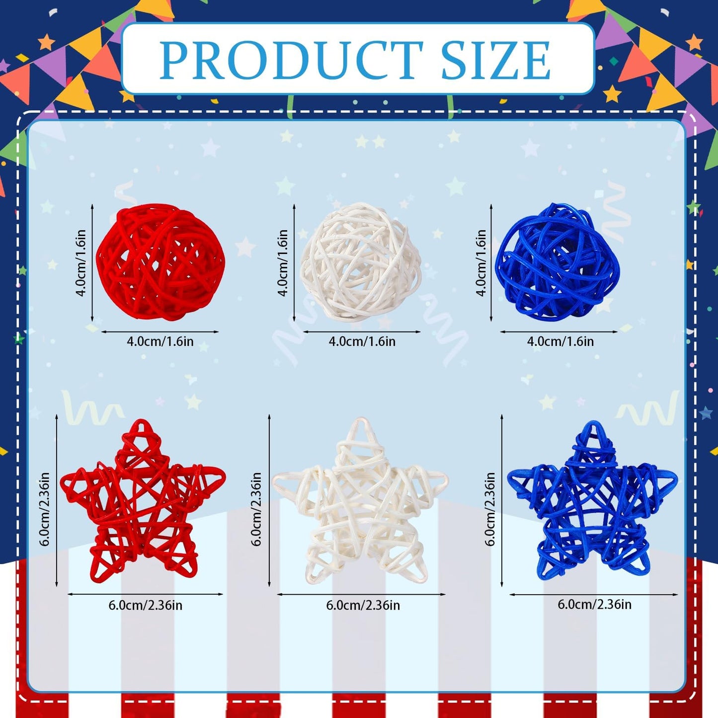 NOVWANG 40 Pcs 4th of July Star Rattan Balls Decoration Centerpieces Red Blue White Wicker Ball for 4th of July Independence Day Patriotic Party Decoration Table Vase Bowl Filler Hanging Decor