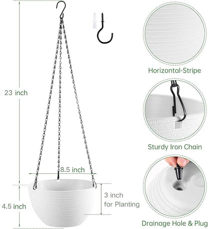 Set of 2 8 Inch Self Watering Hanging Planters for Indoor Outdoor Plants, Light Textured Hanging Baskets Flower Pots with Drainage Hole & Plug and 20" Chain Hanger