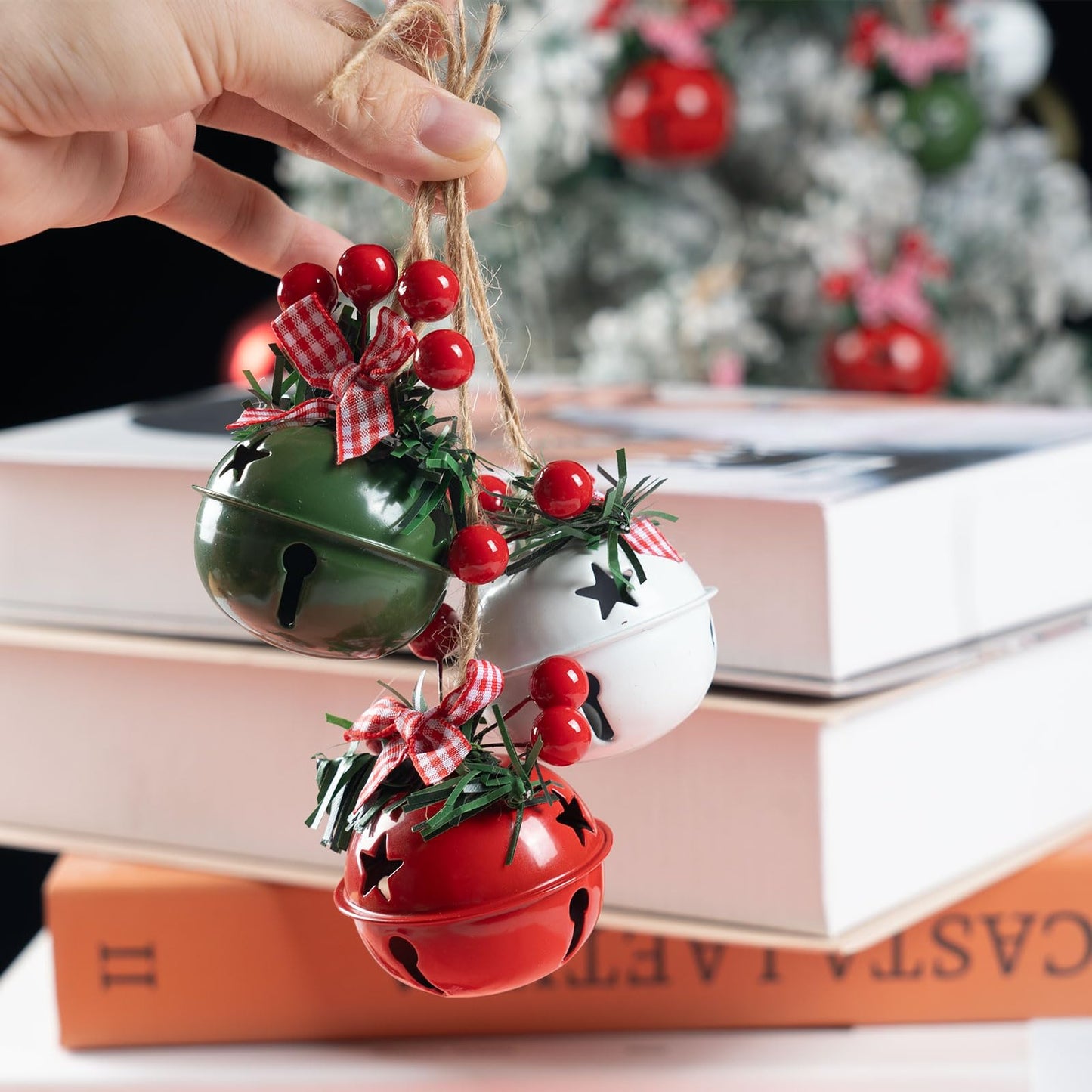 18 PCS Christmas Jingle Bells Ornaments in Red White Green Ornaments Christmas Tree Bells Pendant,Christmas Holiday Party Supplies for Christmas Tree Decor,Wreath,Window Memorial Ornament(Bell-Mix)