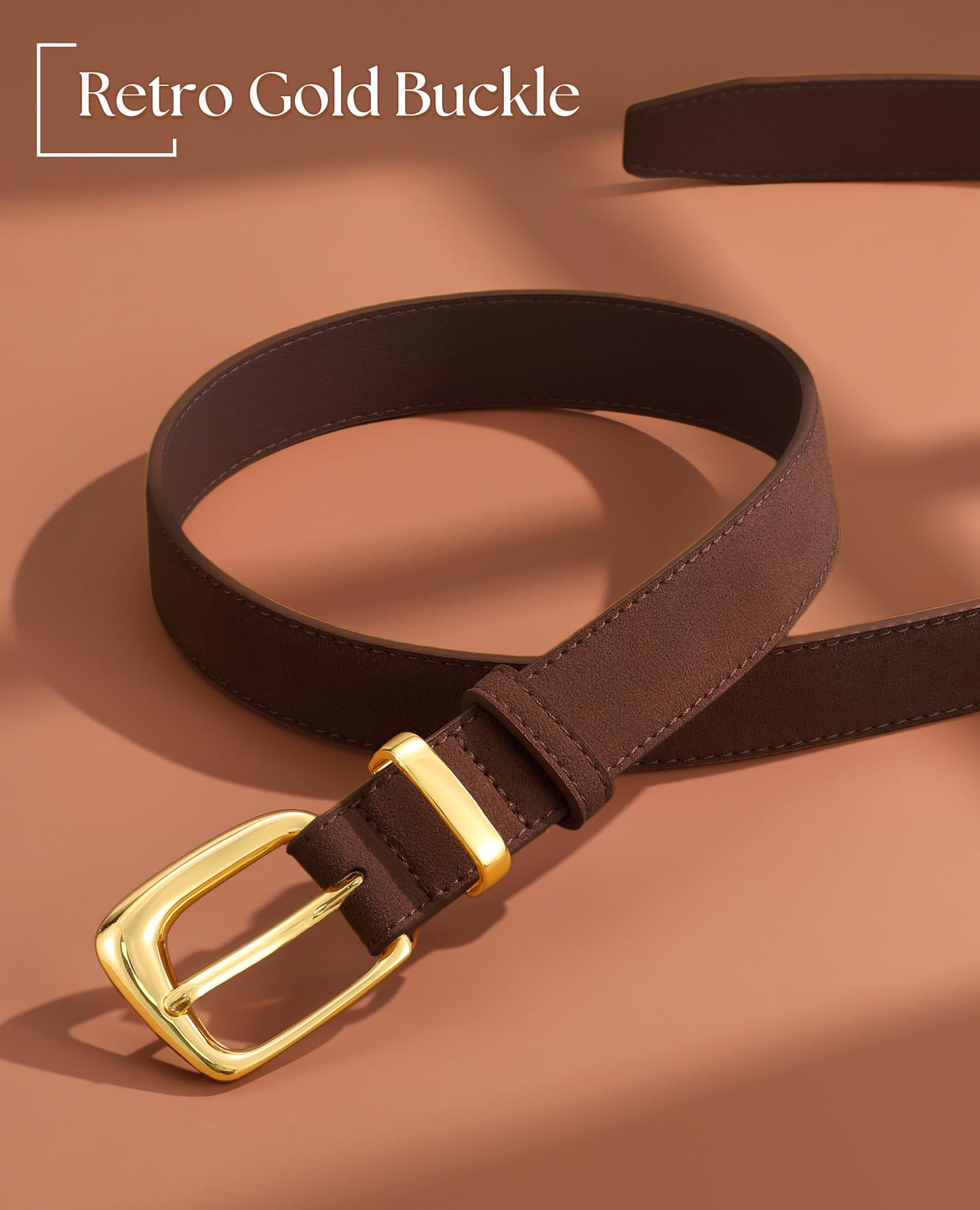 SANSTHS Women Suede Leather Belt for Dresses Jeans Fashion Retro Gold Buckle Ladies Waist Belts,Coffee,S