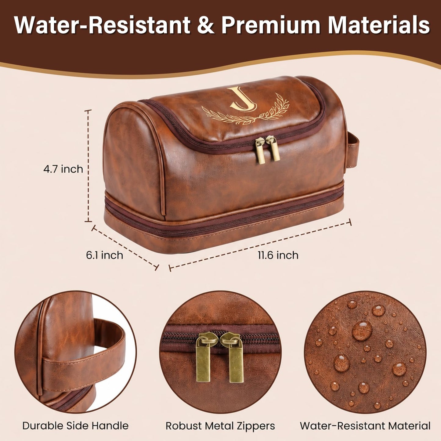 Sparklove Personalized Gifts for Men -Personalized Initial Toiletry Bag with Laser Engraved Monogram - Leather Travel Kit Shaving Organizer - Unique Present for Him, Husband, Boyfriend, Dad