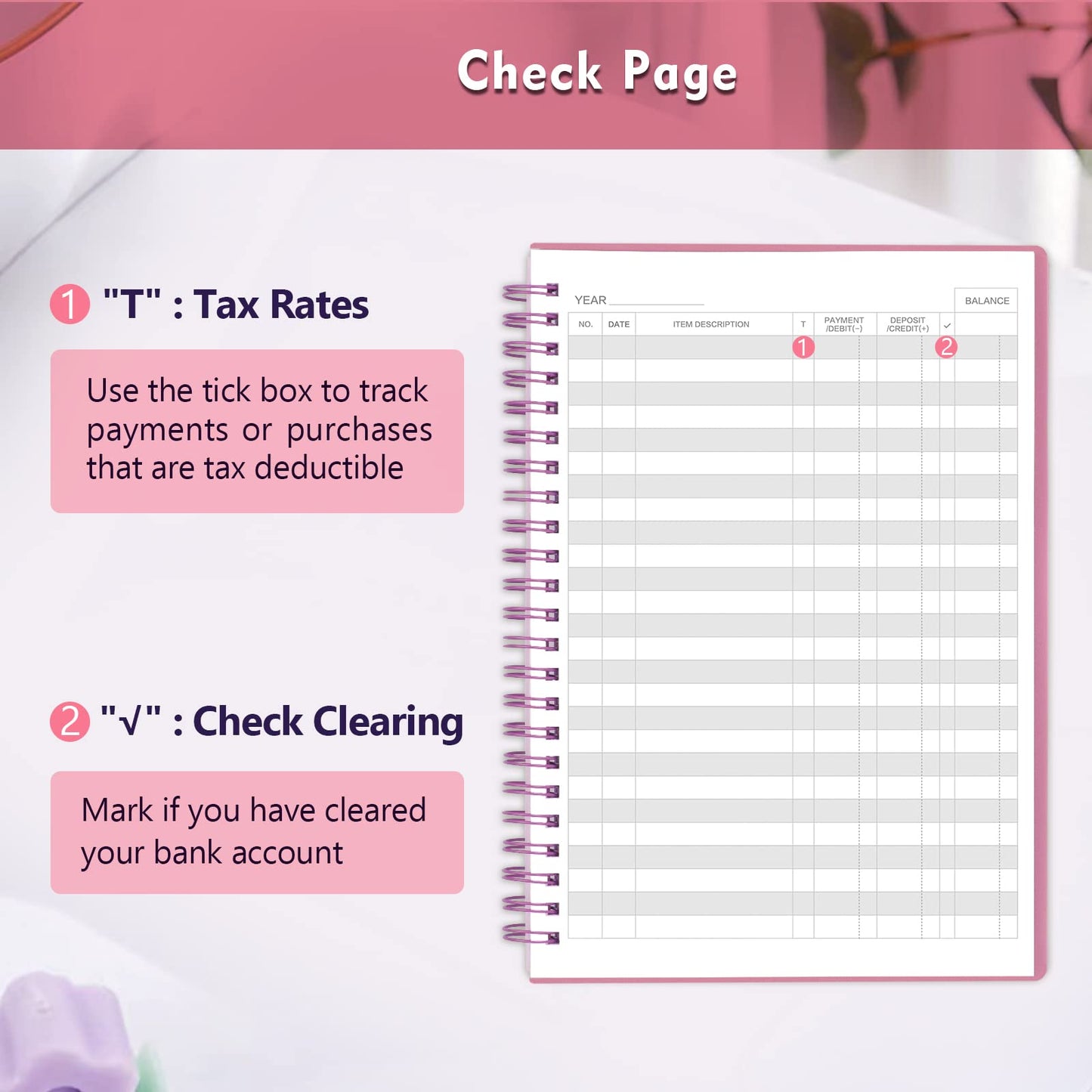 Check Registers for Personal Checkbook, Spiral Large Check Register Book, Budget Planner with Check Register for Personal and Work, 7.5'' x 10'' - Pink