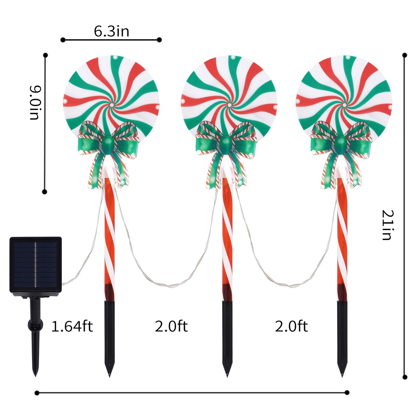 Set of 3 Solar Christmas Lights Decorations with 8 Lighting Modes, Solar Lollipop Pathway Stakes Lights, Outdoor Christmas Decor for Garden, Yard, Porch (Xmas Lollipop)