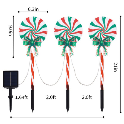 Set of 3 Solar Christmas Lights Decorations with 8 Lighting Modes, Solar Lollipop Pathway Stakes Lights, Outdoor Christmas Decor for Garden, Yard, Porch (Xmas Lollipop)
