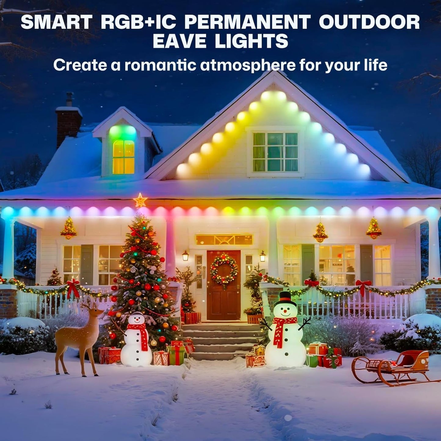 Permanent Outdoor Lights,50ft RGB + IC Smart LED Eaves Lights with App & Remote Control, IP67 Waterproof,for Christmas and All Holiday Decor,Daily and Accent Lighting,House Roof and Garden Lighting