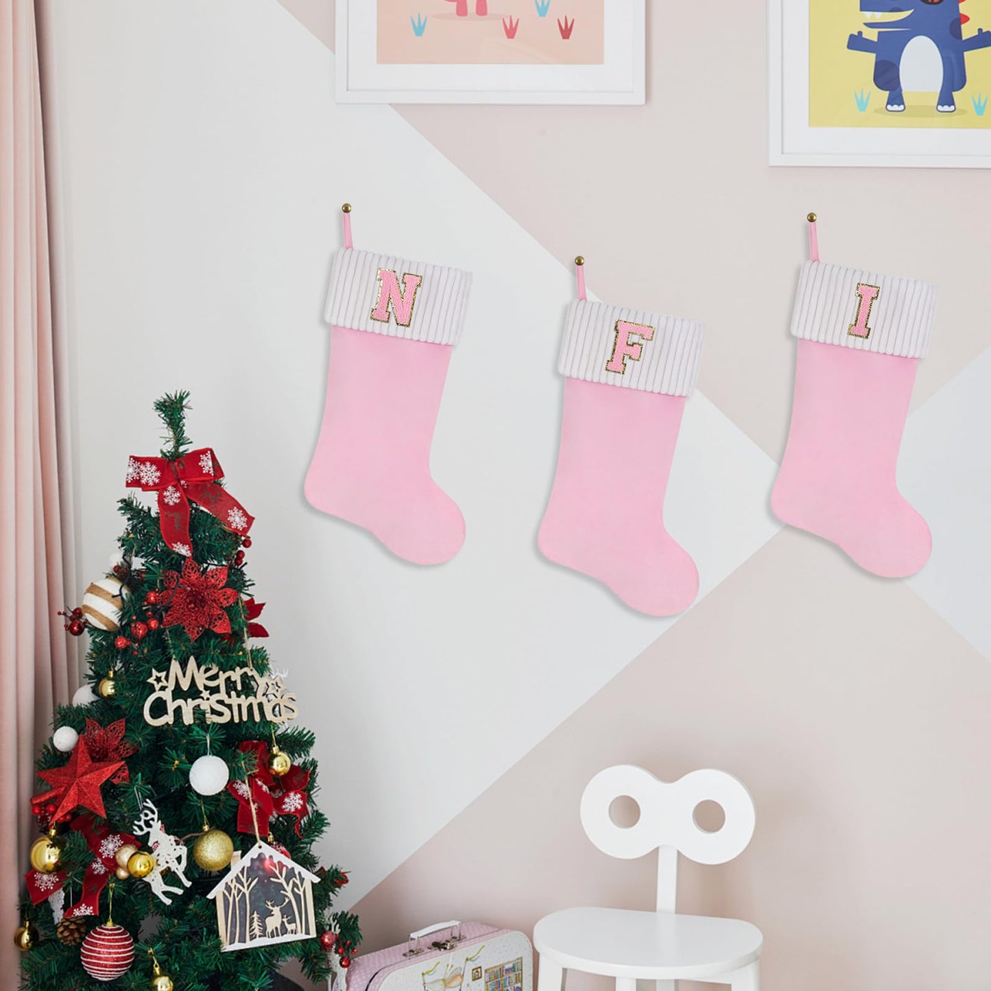 Shgngle 20 Inches Letter Embroidered Christmas Stocking,Personalized Pink Velvet Christmas Stocking,Family Holiday Decorations and Xmas Gift(A)