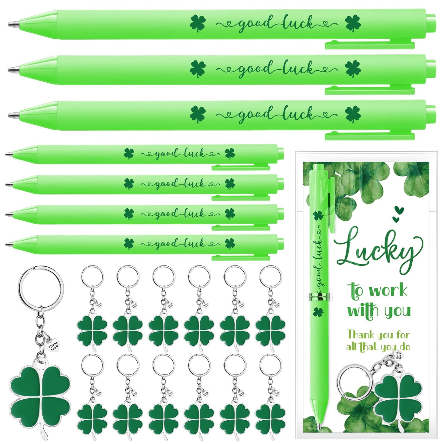 Fullhawl 12 Sets Shamrock Pen Gifts Bulk for Employee Good Luck Ballpoint Pens Clover Keychains with Thank You Cards for Teacher End of Year Team Staff Coworker Graduation