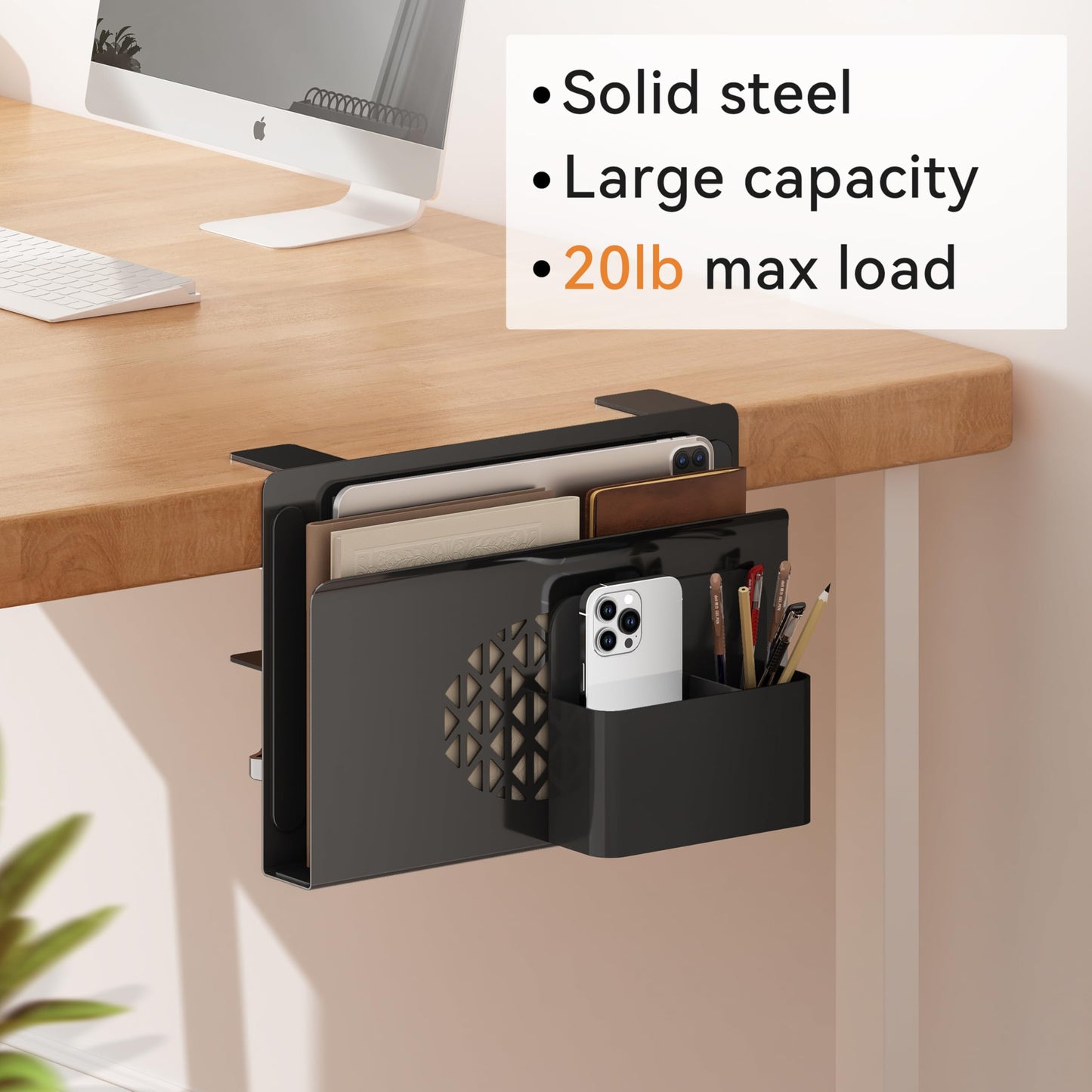 Josmimic Desk Side Storage, Metal Laptop Holder with Magnetic Pen Box, Clamp-On Under Desk Organizer with Cooling Holes & Anti-Scratch Pads for Office and Home (Black)