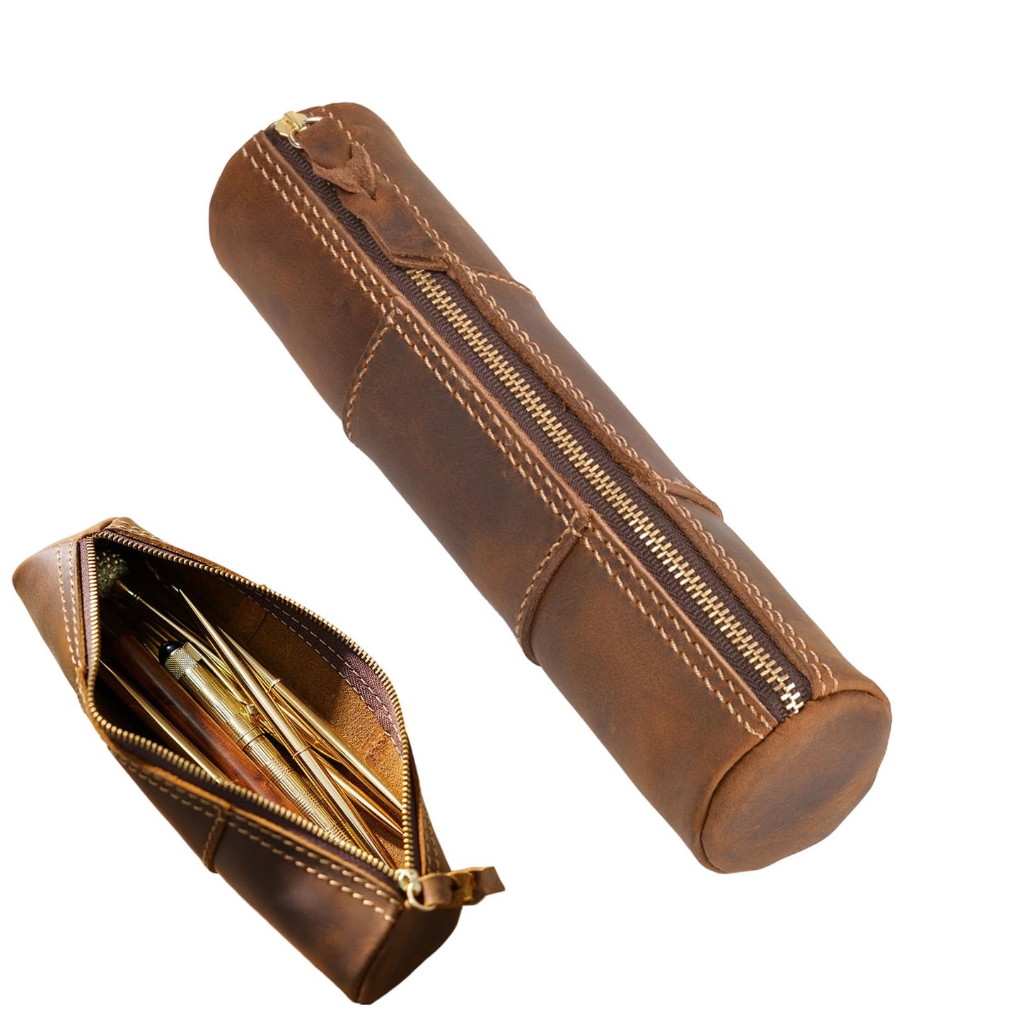 Yeedonzo Leather Pencil Case, Full Grain Zippered Pen Pouch & Multifunctional Organizer, Brown Stationery Bag for Work & Office Supplies