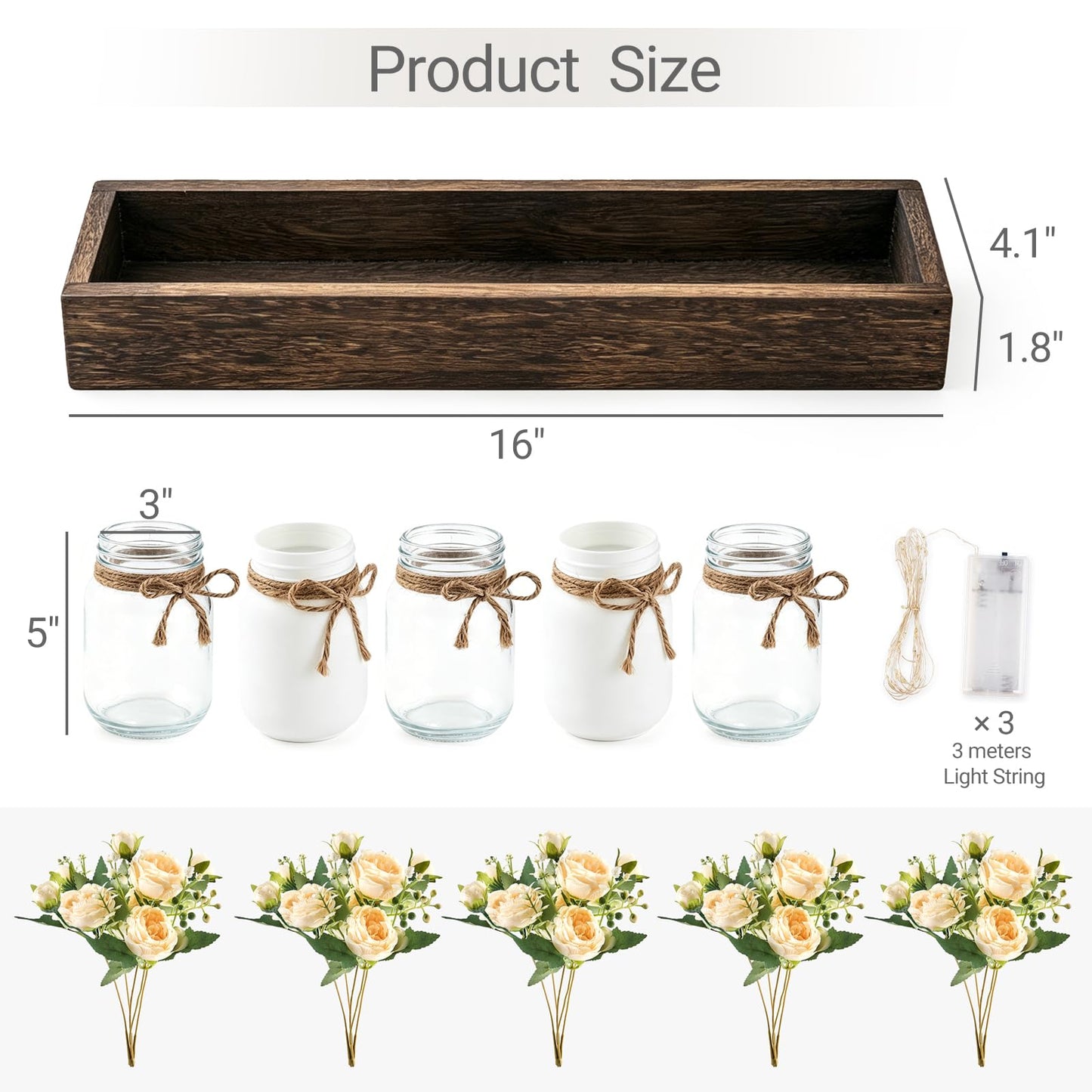Mkono Mason Jar Lights Centerpiece Table Decor for Dining Room Farmhouse Wood Tray with Flowers Valentines Day Decoration for Coffee Table Kitchen Living Room Wedding