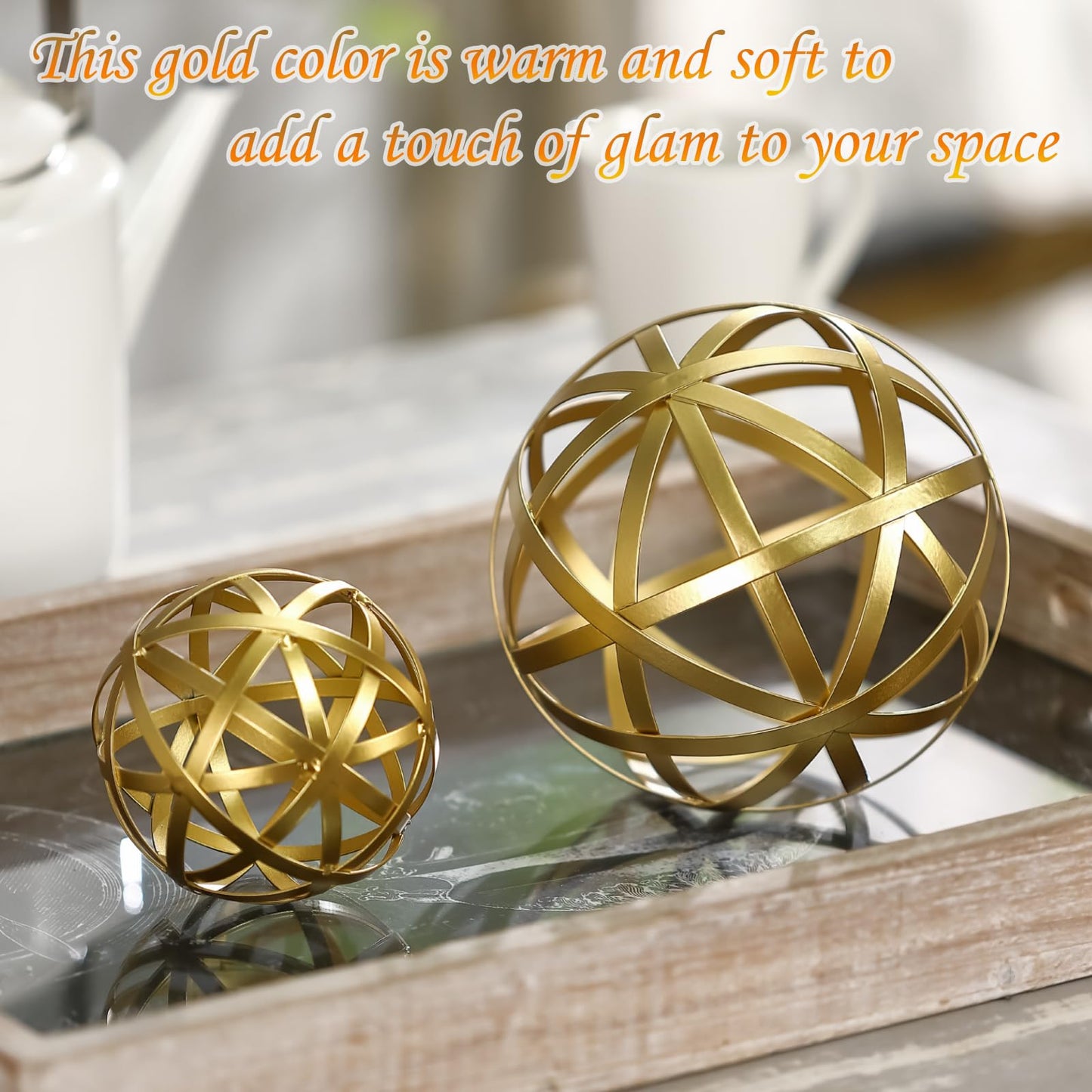 MOCOME Gold Decorative Sphere, Metal Coffee Table Decor Sculpture, Modern Home Decor Accent for Tabletop, Centerpiece, Shelf Display- Elegant Metal Sphere Decor with Luxury Golden Finish