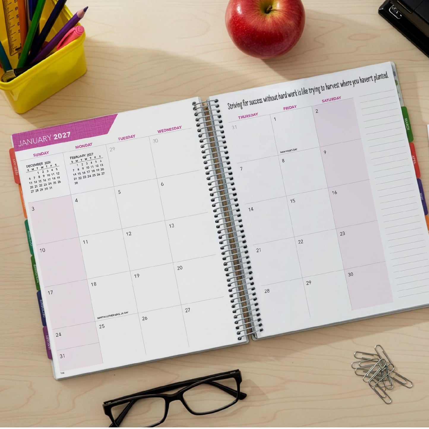 DELUXE TEACHER PLANNER Aug 2026-Jul 2027 8.5x11 Daily Weekly Monthly Organizers with 7 Periods, Pocket Folder, Dated Calendar, Page Tabs, Bookmark and Planning Stickers (Black Tree Seasons)