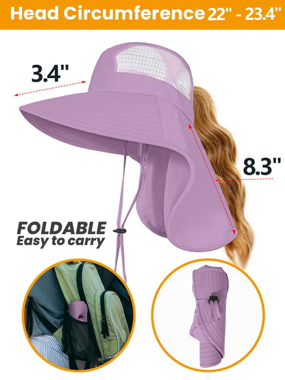 Sun Hats for Women UV Protection Wide Brim Beach Hats with Ponytail Hole with Neck Flap Waterproof for Hiking Fishing Gardening Travel Dark Purple