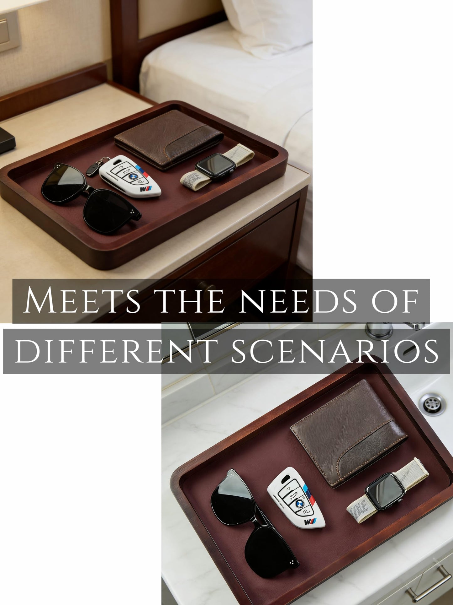 Valet Tray-Light Brown Wood Decorative Key Tray, Bedside Dump Holder.Catch All Tray Tray Decorative for Trinkets,Watches,Keys,Sunglasses.