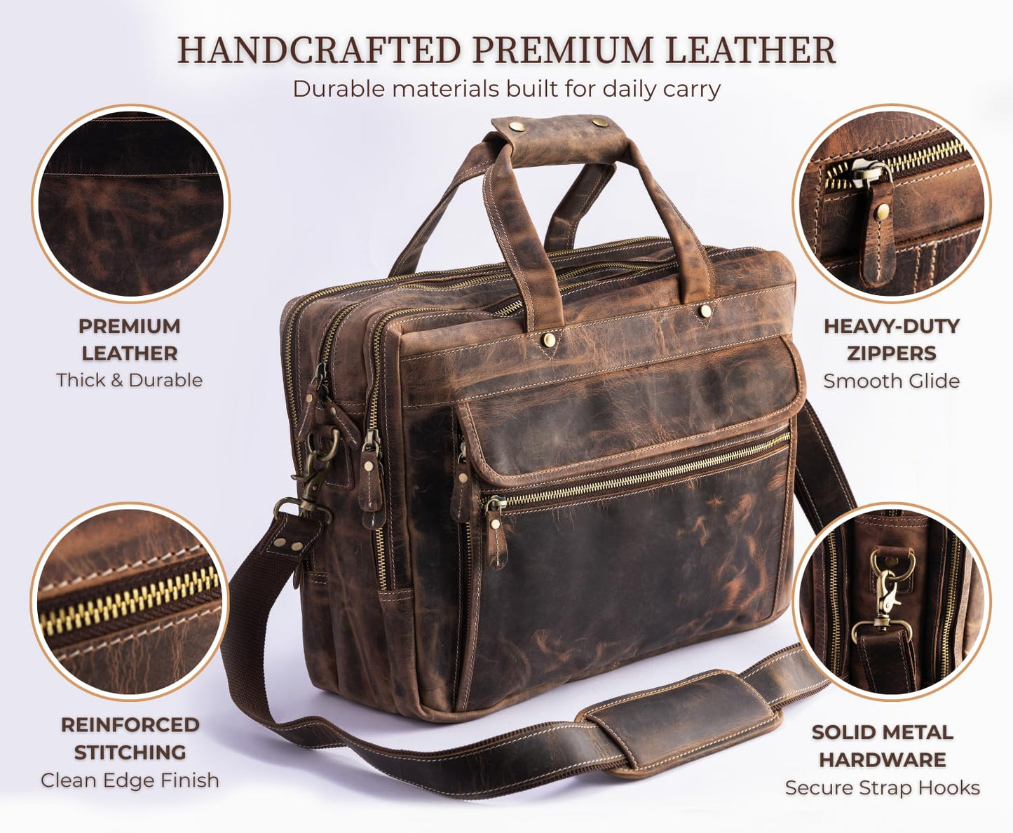 Brown Leather Messenger Bag for Men, Genuine Leather Briefcase Fits 15 Inch Work Satchel for Office, Business, and Travel Use