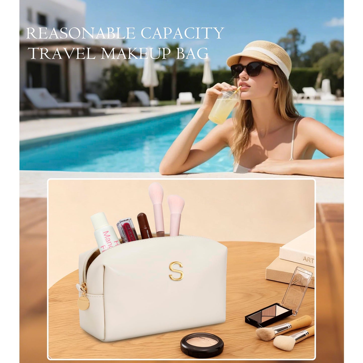 CLOUDWINGS Gifts for Women Bridesmaid Gifts Personalized Initial Makeup Bag PU Leather Cosmetic Waterproof Travel Toiletry Bag (Beige S)
