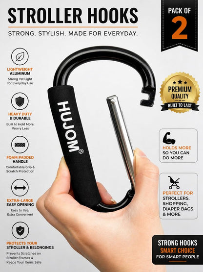 Stroller Hooks 2 Pack Heavy Duty Large Carabiner Clips for Bags & Baby Gear