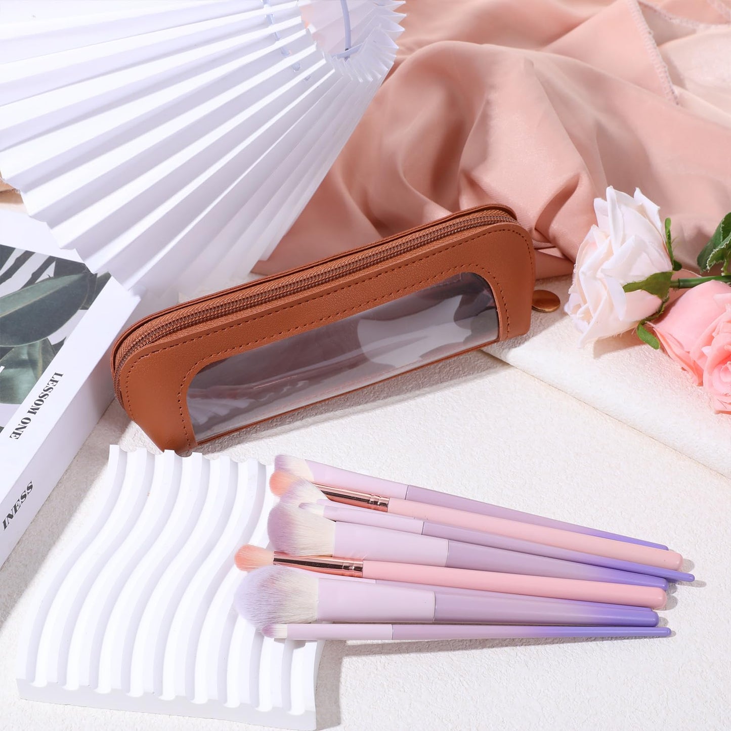 Small Clear Makeup Pouch, PU Leather Makeup Brush Bag Portable Travel Mini Cosmetic Bag Transparent Waterproof Organizer Pouch with Zipper for Women Home Travel Office Cosmetic Storage (Brown)
