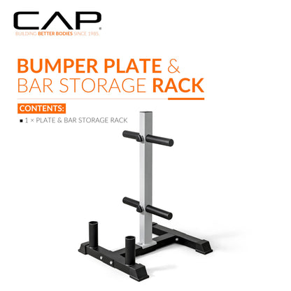 CAP Barbell Olympic Bumper Plate Tree Rack with 4 Weight Plate Posts and 2 Barbell Storage Holders – Heavy-Duty Steel Gym Organizer for Olympic Plates and Bars - Gray