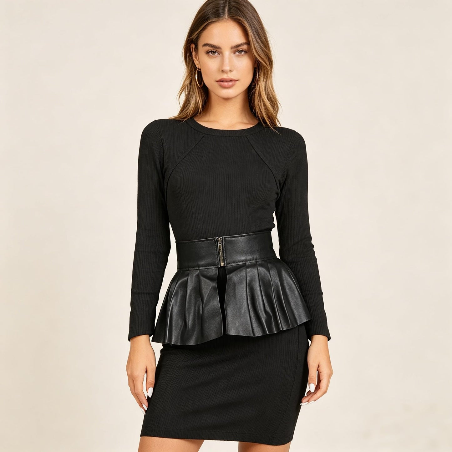 U Scinan Women's Dress Belt PU Leather Pleated Fashion Stretchy Peplum Cinch Belt Skirt Style Elastic Wide Waistband