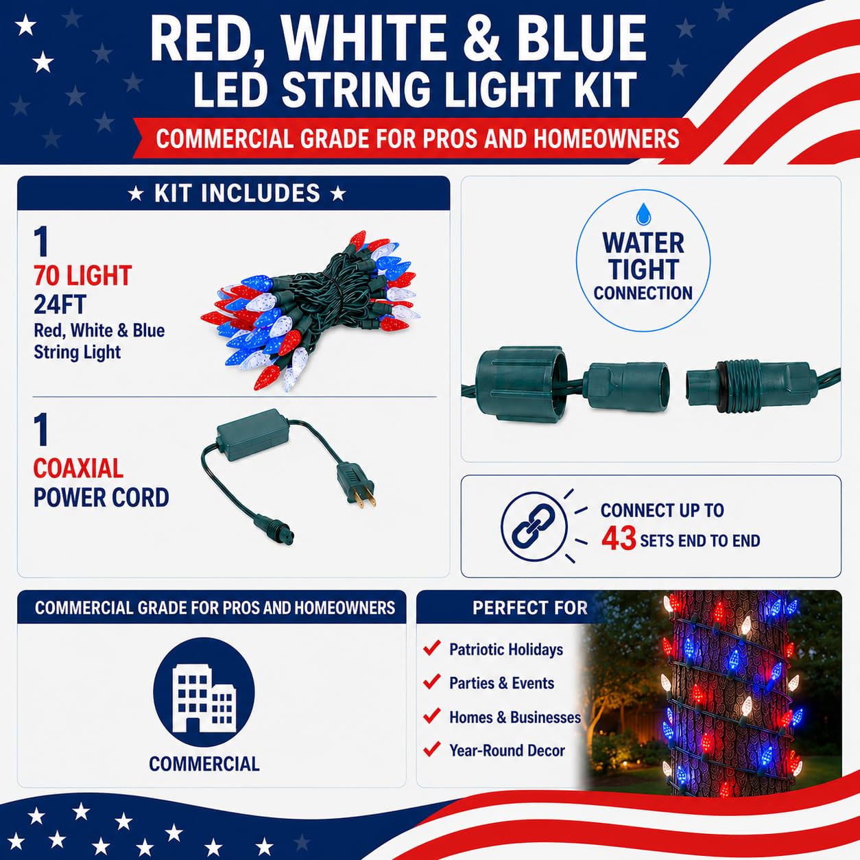 Novelty Lights 24FT 70 LED C6 LED USA String Lights, Outdoor Christmas Tree Commercial Grade LED String Lights, Coaxial Permanent Christmas Lights Outdoor Tree Decorations Outdoor (Red/White/Blue)