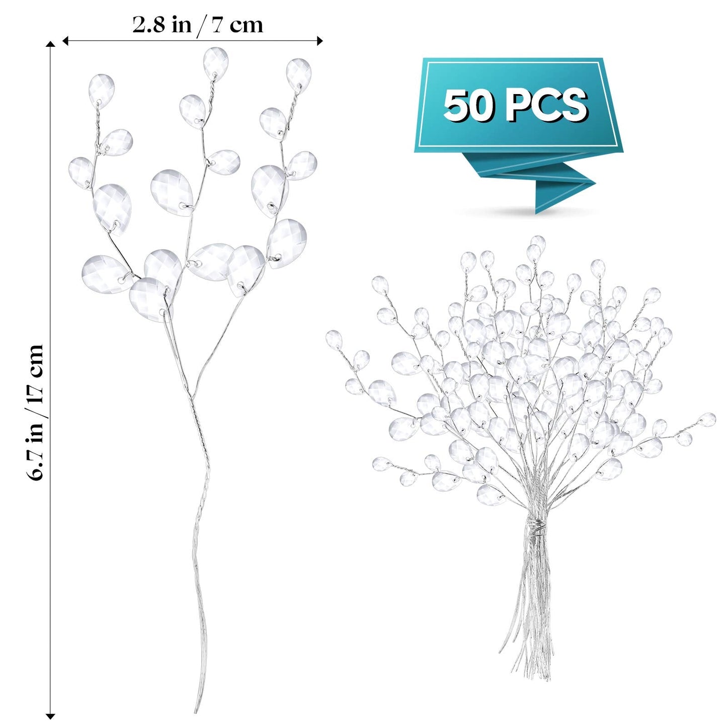 VOSAREA 50pcs Crystal Floral Picks: Flexible 3-Strand Artificial Bouquet Stems with Acrylic Bead Drops for Wedding Decor and DIY Crafts - White 6.69 Inch