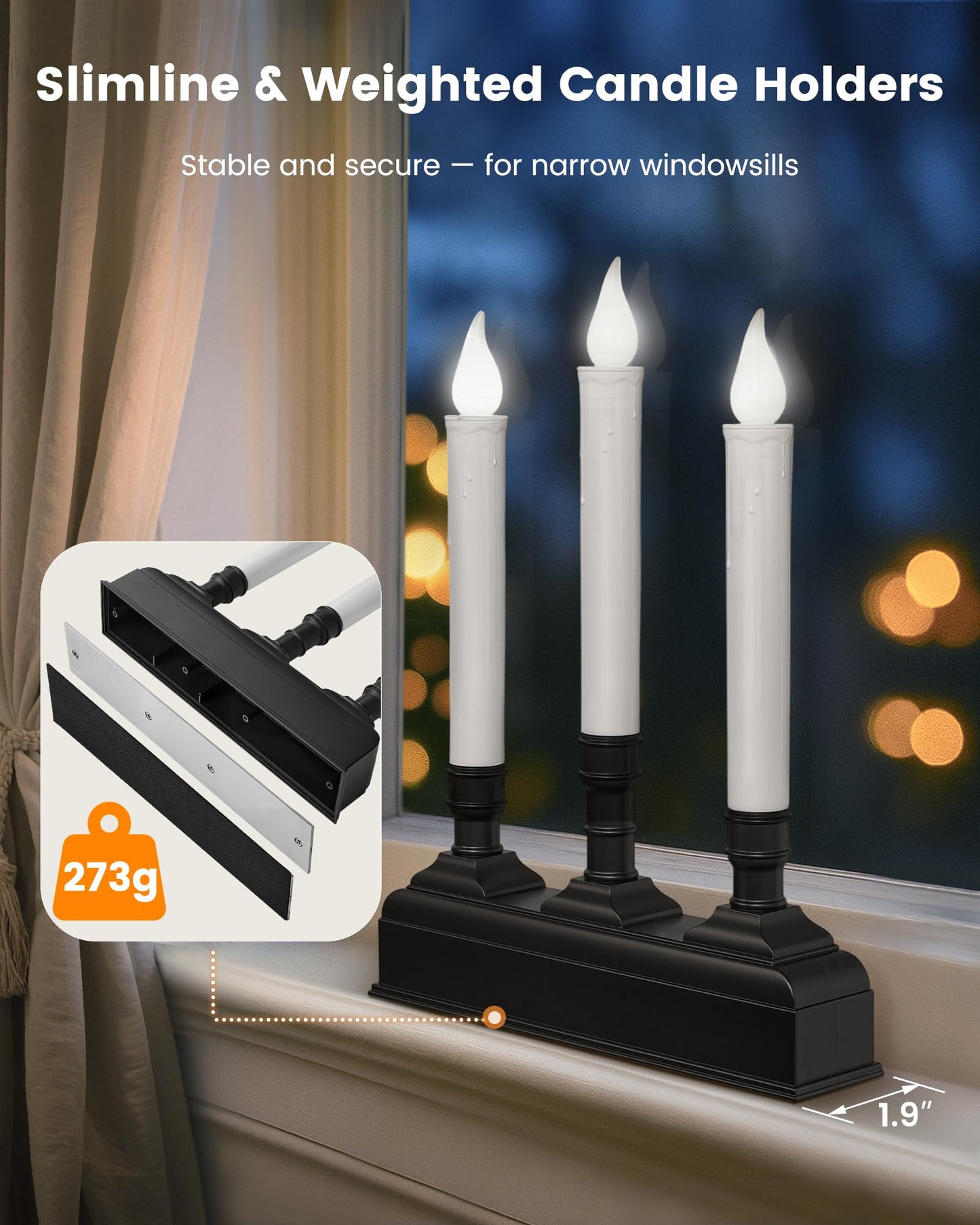 SURAIELEC Christmas Battery Window Candles with remote, 3-Light Candolier Window Candle, Flameless 5000K LED Candles, 1.9" Narrow Base, Chritmas Window Candle for Window, Mantel, Dinning Table, 1-Pack