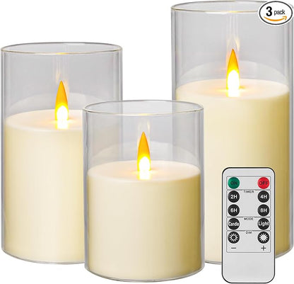 Upinmz Flickering Flameless Candles with Remote and Timer，Battery Operated Acrylic LED Pillar Candles ，for Christmas Decorations Home Decorations ，Set of 3