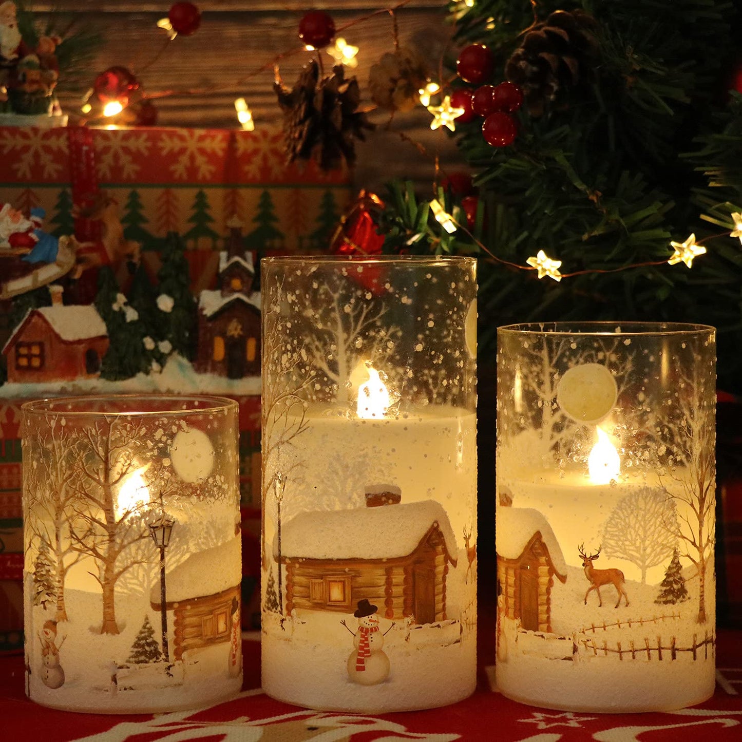 Lasumora Snowman Glass Flameless Candles with Remote Timer, Real Wax LED Pillar Candles Flickering, Battery Operated 3D Wick Candles for Home Décor Christmas Gifts (Pack of 3, D3” x H 4” 5” 6”)