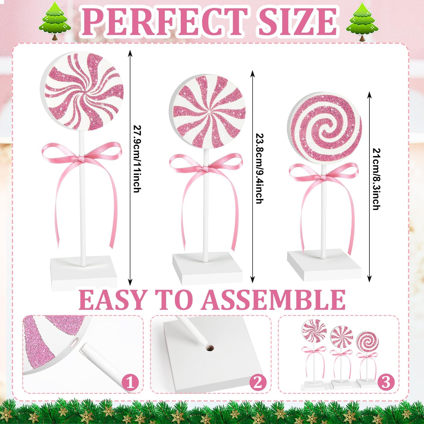 3 Pieces Christmas Table Decorations Wood Candy Set, Pink Christmas Tiered Tray Decor,Rustic Candy Table Decorations for Home Tables (Pink)