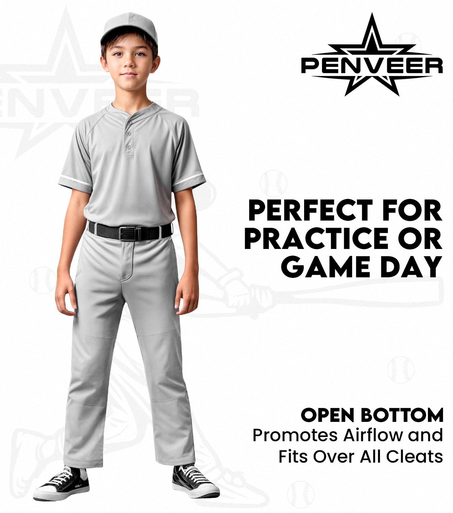 Penveer Youth Baseball Pants, Full Length Open Bottom Boys Baseball Pants with Durable Snap, Softball Pants, T Ball Pants (Black, YXS)