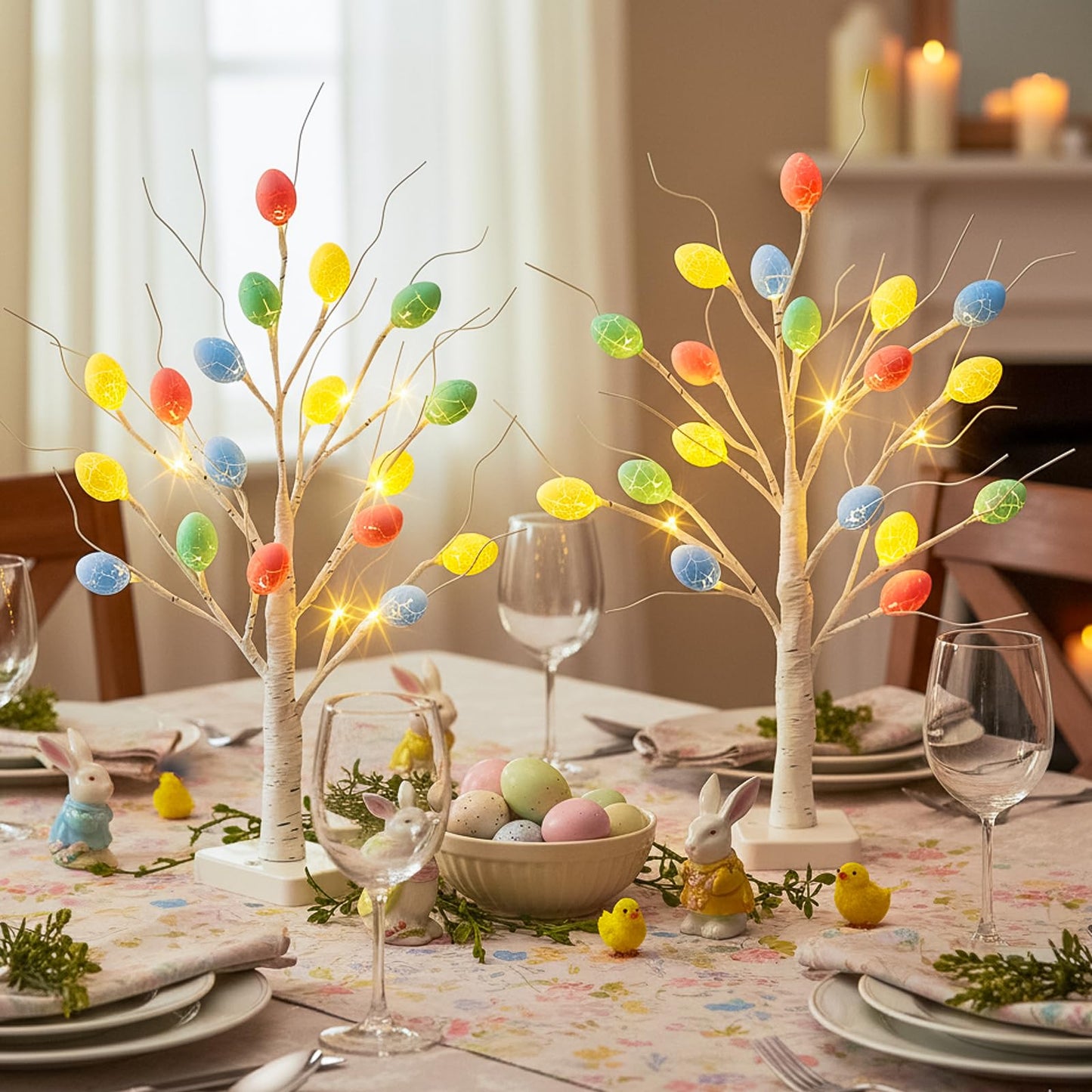 Vanthylit Easter Decorations, 2 Pack Lighted Easter Tree Battery Operated with Timer, 22 Inch LED Birch Tree with 36 Egg Ornaments Indoor Tabletop Centerpiece Light for Home Decor