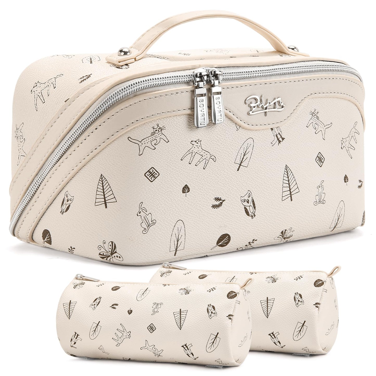 BOYATU Travel Makeup Bag Cosmetic Bags for Women: 3 Pcs Set Portable Make up Bag with Handle - PU Leather Toiletry Bags with Compartments - Makeup Organizer for Travel Essentials(L-4-White)