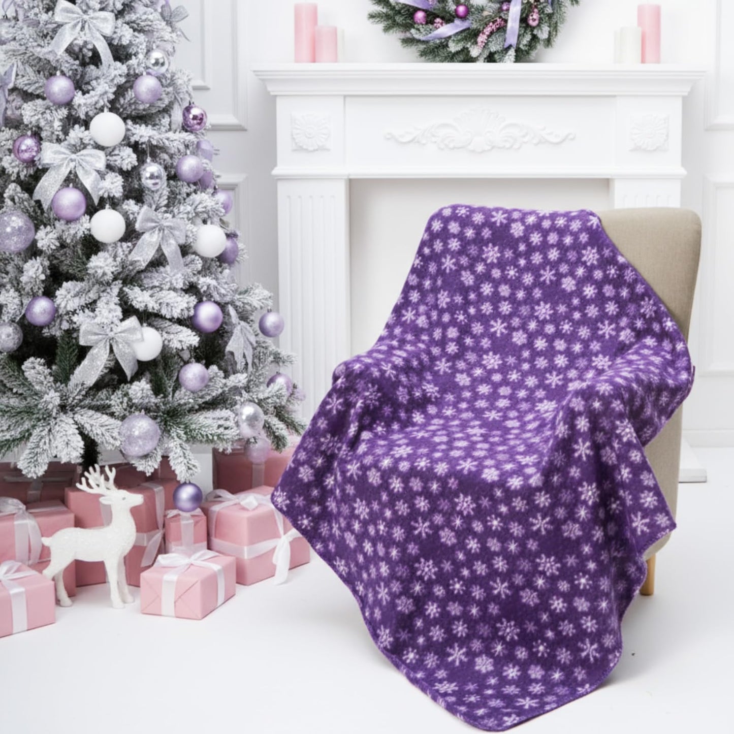 Moukeren 24 Pcs Christmas Snowflake Throw Blanket Bulk, 59 x 47 Inch Xmas Winter Throw Blanket Christmas Warm Soft Cozy Fleece for Home Bedding Couch Chair Gift (Purple)
