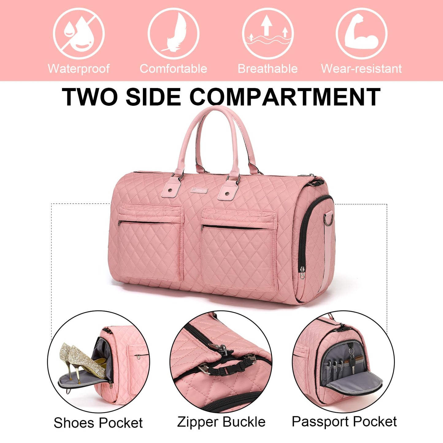 Modoker Rolling Garment Bag for Travel,Womens Convertible Garment Bags with Wheels, Luggage Suit Travel Bags,3 in 1 Carry On Wheeled Duffel Bag,Pink